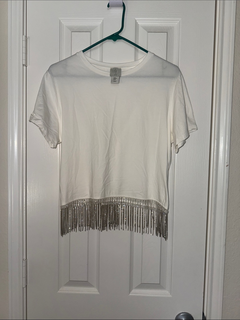 Jolie White Short Sleeve Top with Silver Fringe Hem